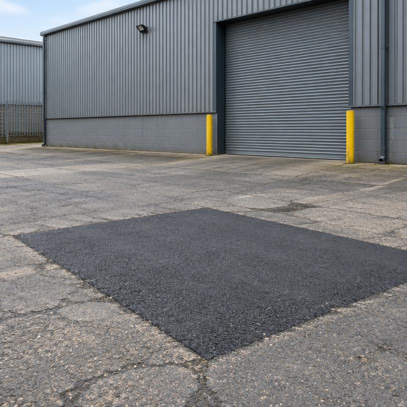 Tarmac repair outside a factory loading door