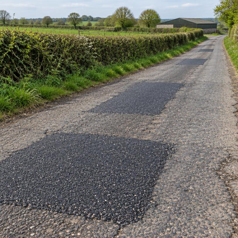 Patched farm access road between hedgerows