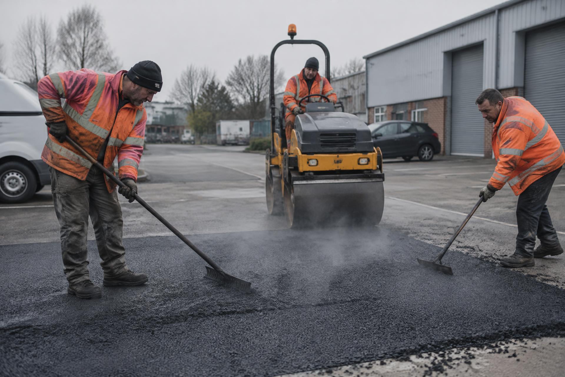 Road crew laying tarmac