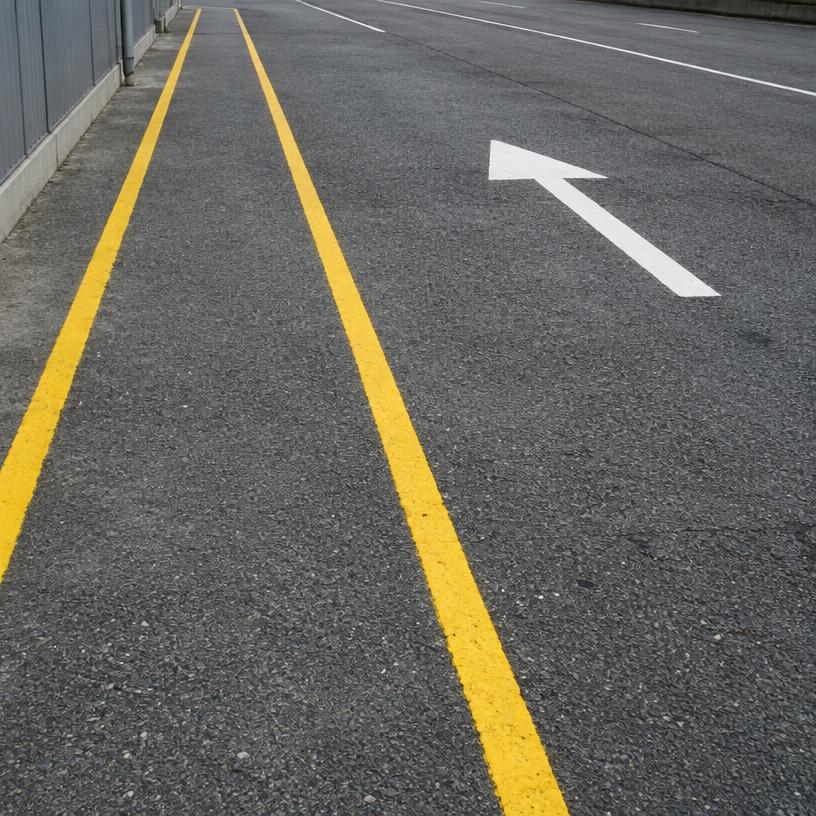 Yellow boundary lines and a white arrow in an industrial yard