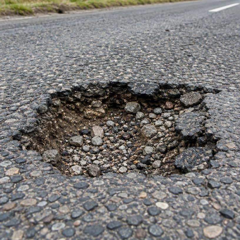 Pothole with broken asphalt edges on a road