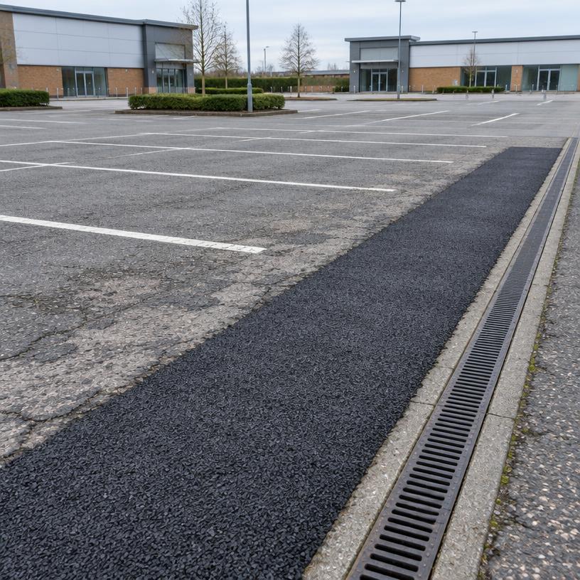 Repaired tarmac beside a retail park drainage channel
