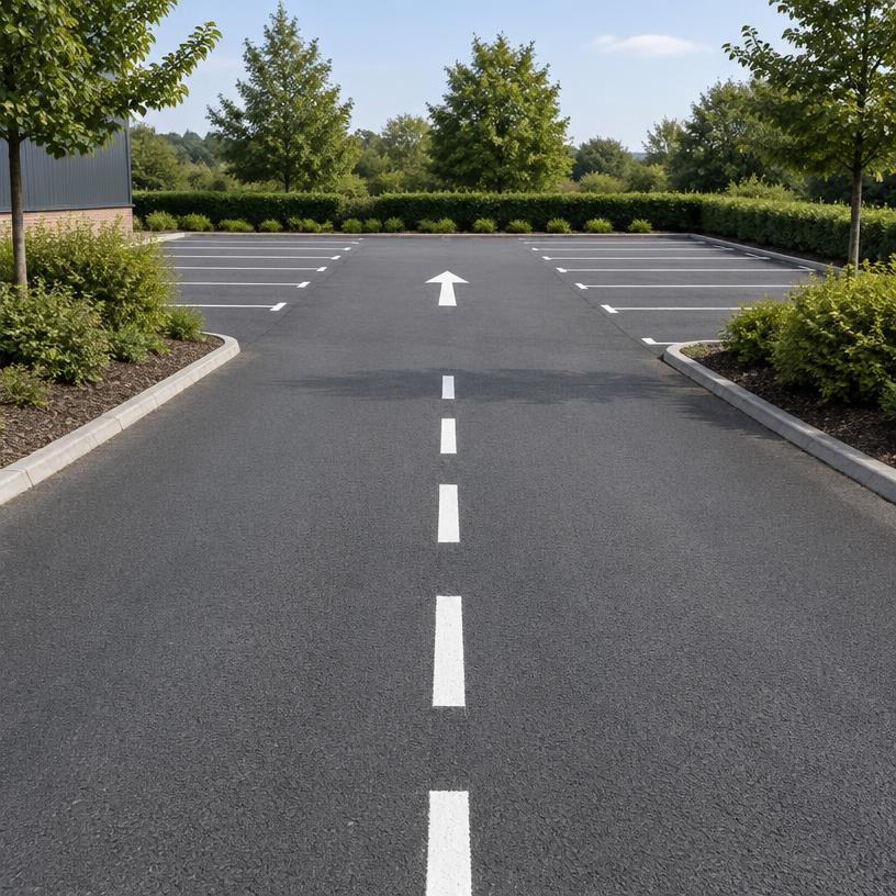 Directional arrow and parking bays on a commercial access road