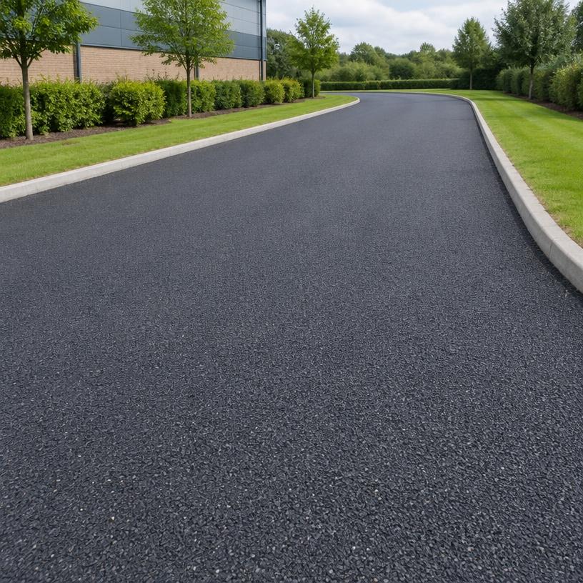 Freshly surfaced commercial access drive with neat kerbs