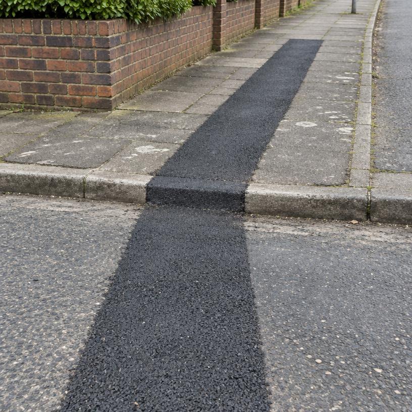 Narrow asphalt reinstatement strip across a footway and road